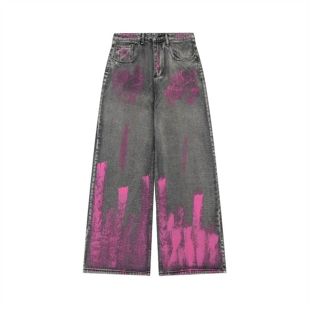 Painted Inkjet Wide-Leg Jeans For Men High Street Trend Washed Vintage Design Loose Casual Straight-Leg Pants_mkmklike.com