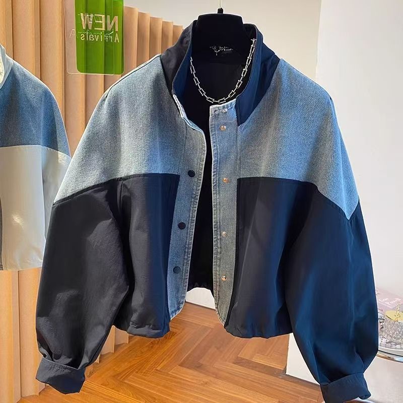 Women's European Style Denim Patchwork Stand Collar Jacket Loose Casual Short Spring Autumn 2025 New Petite Size_mkmklike.com