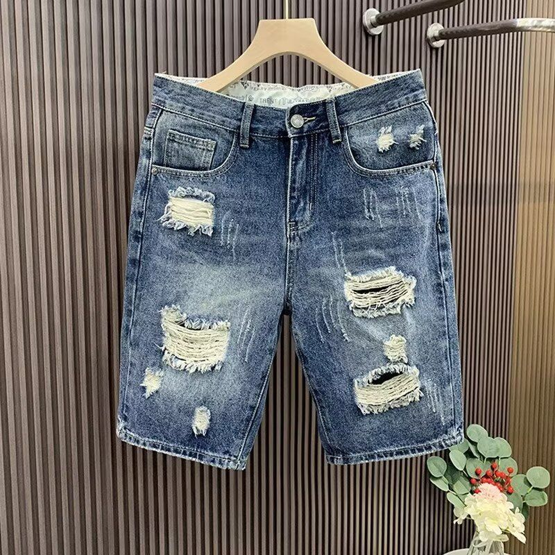 Men's Slim Fit Ripped Denim Shorts Casual Versatile Lightweight Trendy Five Point Pants Straight Leg mid Length Summer 2025_mkmklike.com