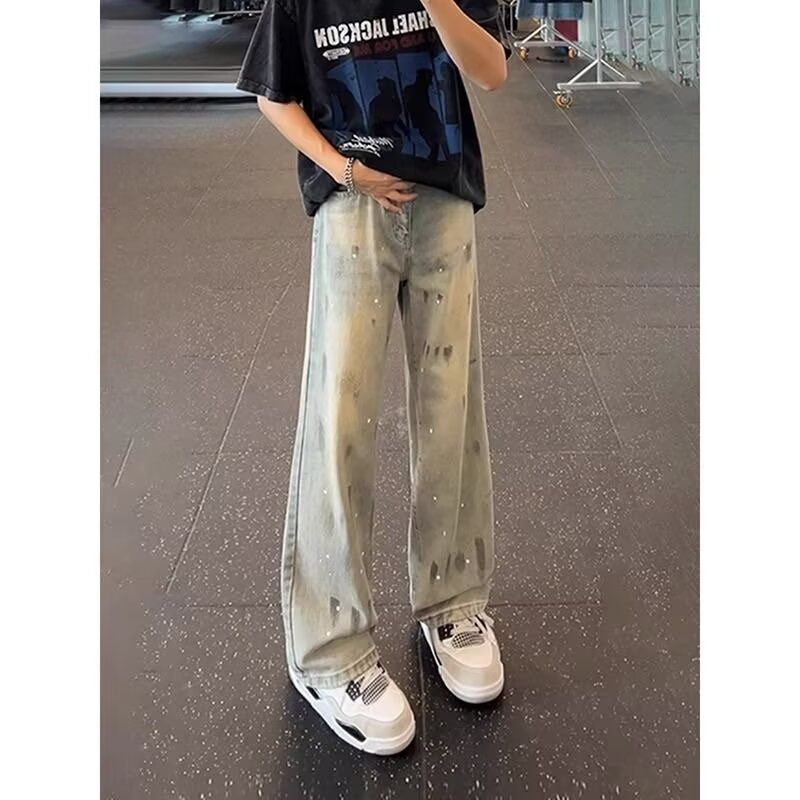 BOY Cleanfit Ink Splash Tie-Dye Jeans For Men Trendy Vintage Washed Loose Casual Versatile Straight-Leg Pants_mkmklike.com