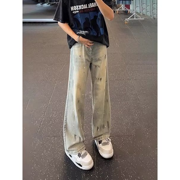 BOY Cleanfit Ink Splash Tie-Dye Jeans For Men Trendy Vintage Washed Loose Casual Versatile Straight-Leg Pants_mkmklike.com
