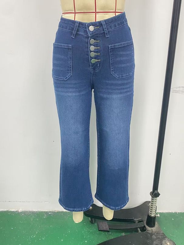 K New Women's Jeans Button Elastic Loose Denim Cropped Pants_mkmklike.com