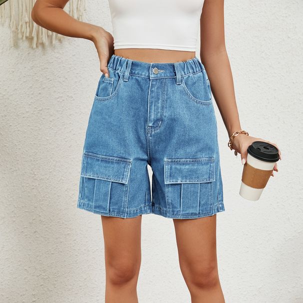 Women's Clothing Summer Washed Elastic Waist Workwear Casual Denim Shorts_mkmklike.com