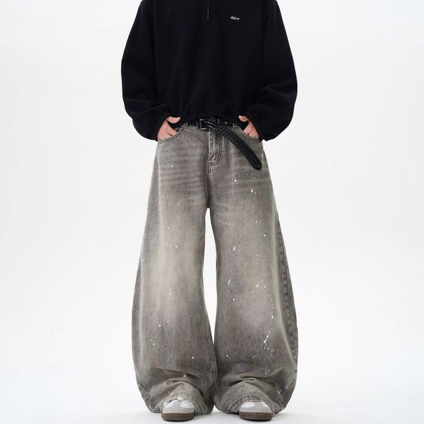 Men's Washed And Used, Splashed Ink Curved Jeans , Trendy Brand American Street Style Loose Casual Versatile Long Pants_mkmklike.com