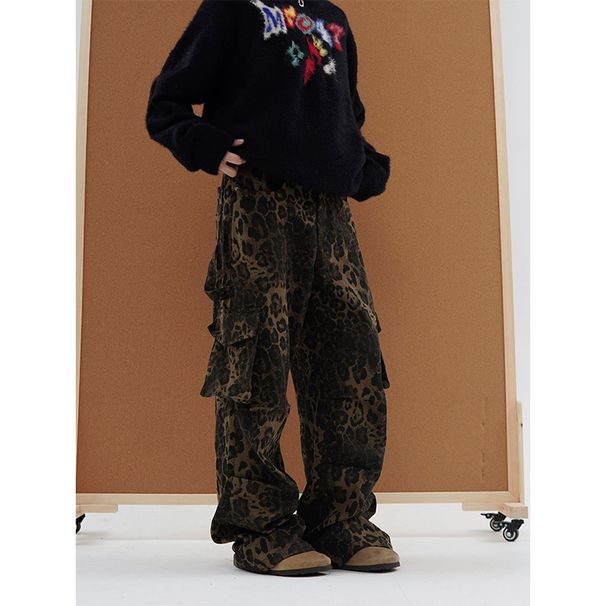 BOY BOY Style Washed Vintage Leopard Print Jeans For Men Spring Autumn Straight Loose European And American High Street Vibe_mkmklike.com