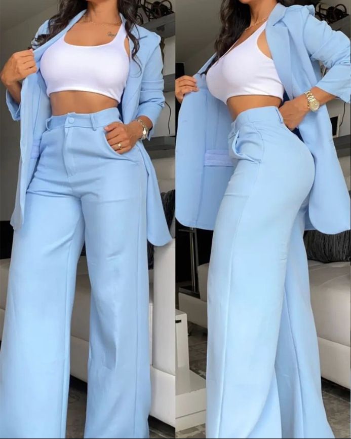 Women's Clothing, Elegant And Solid Color Split Sleeve Lapel Suit With Pockets And Straight Pants Suit_mkmklike.com