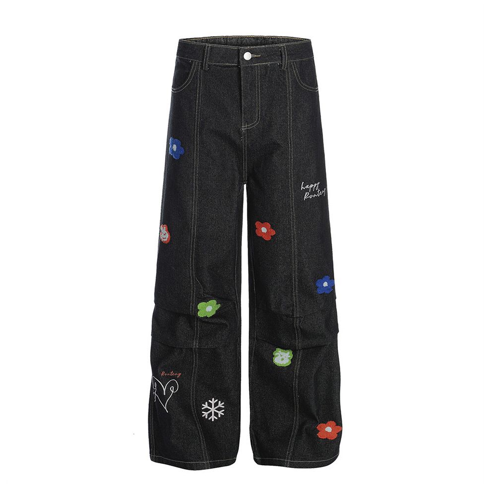 American High Street Floral Embroidery Cargo Jeans Men's Niche Design Pleated Deconstructed Loose Straight Pants Trendy_mkmklike.com