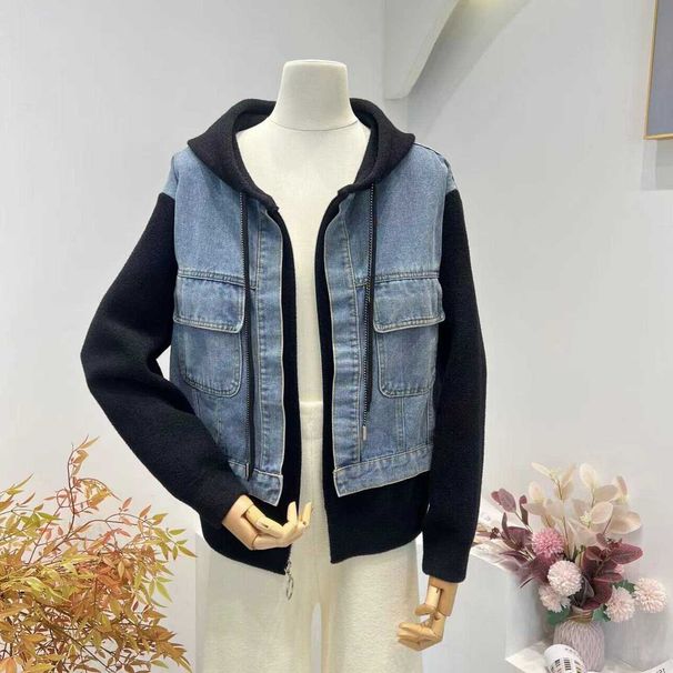 Vintage-Inspired Patchwork Denim Jacket With Hood – Oversized Baseball Silhouette (One Size, Beige/Black Wash)_mkmklike.com