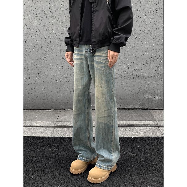 New Autumn Winter American-style Design Plus-size Vintage Bamboo Pattern Washed Flared Jeans, Loose Pants For Trendy Men_mkmklike.com