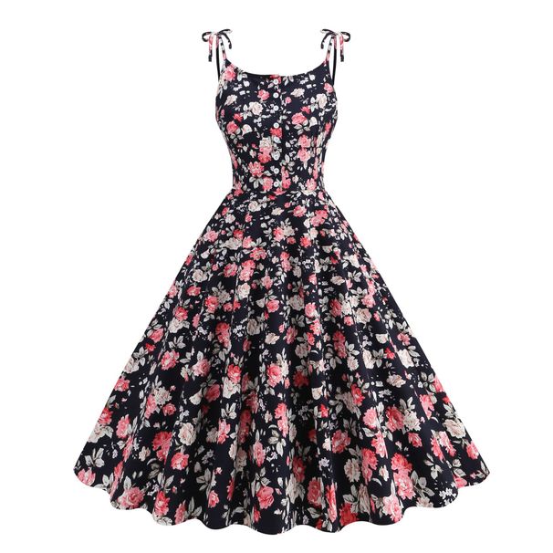 Women's Clothing short sling bow button pocket retro print Hepburn 50S cocktail _mkmklike.com
