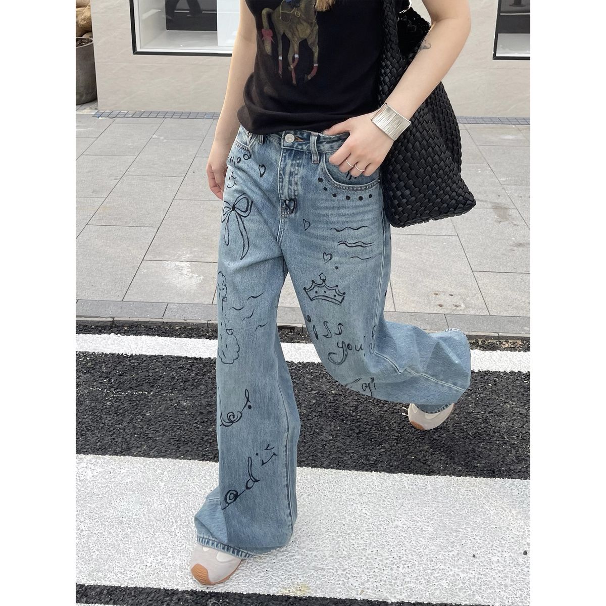ICC Early Spring New Street Style Personalized Graffiti Straight Slim Jeans For Women Trendy Guangzhou Thirteen Lines_mkmklike.com