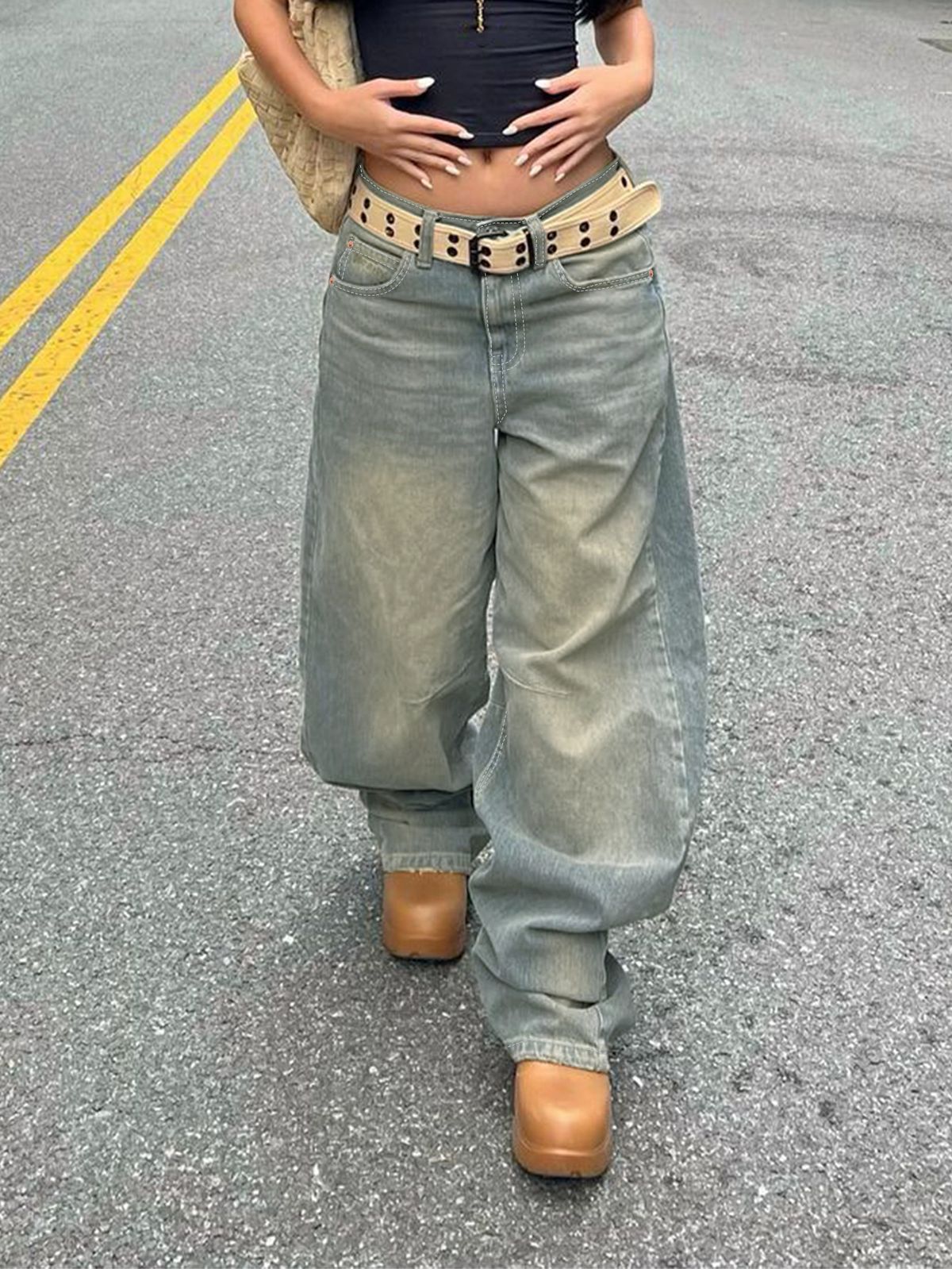 Cross border foreign trade European and American retro distressed blue boyfriend style jeans women's loose straight casual mopping pants_mkmklike.com