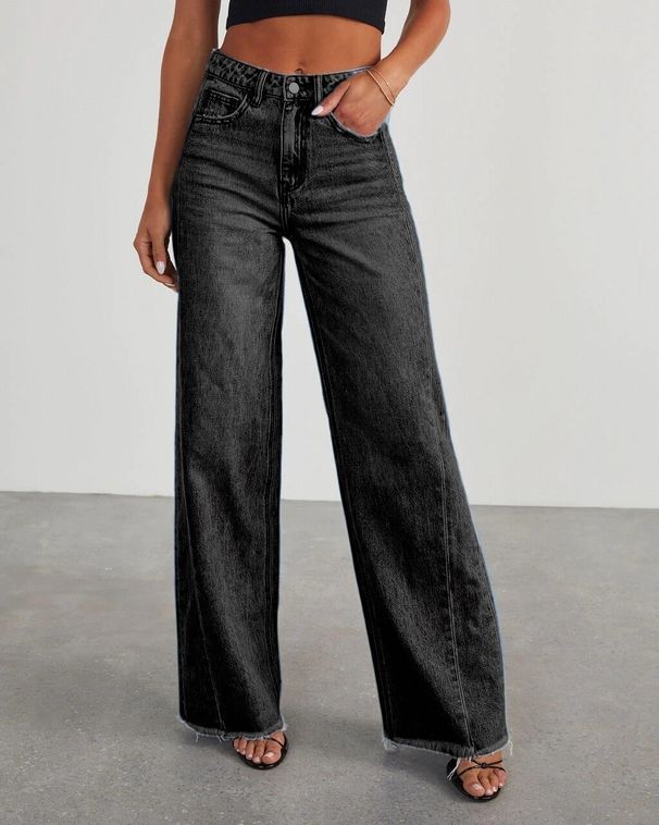 Women's High-Waisted Flared Jeans - Vintage Washed Denim With Raw Hem & Side Seam Detail (Black, Dark Blue)_mkmklike.com