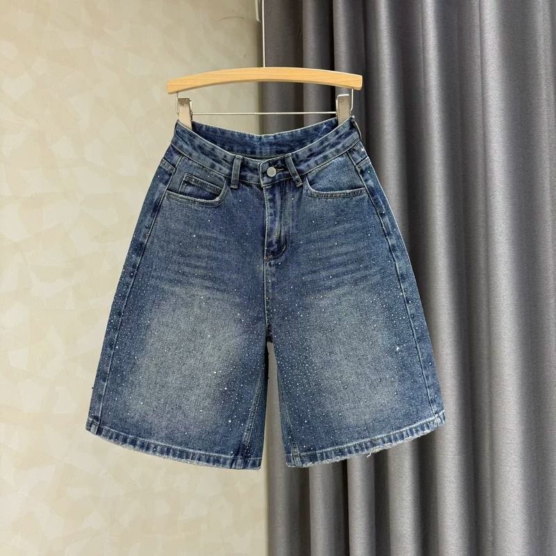 New Style Retro High-Waisted Men's Cropped Denim Shorts Loose Fitting Wide Leg With Rhinestone Embellishments Summer Fashion_mkmklike.com