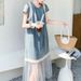 Lace Patchwork Denim Dress For Women, Medium To Long, 2025 Summer New Style, French Loose Design, Mesh Skirt_mkmklike.com