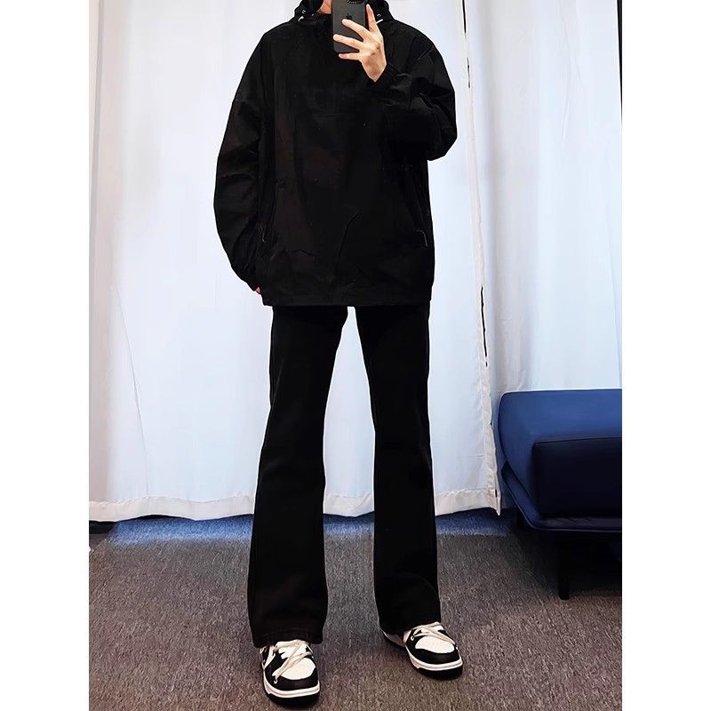 Pure Black Stretch Flared Jeans for Men High Street Style Vibe American Cleanfit Slim Fit Straight Leg Pants_mkmklike.com
