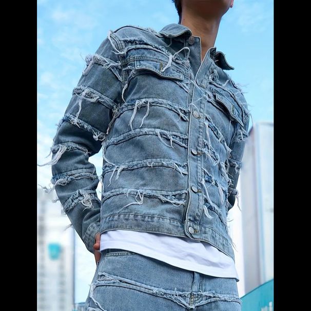 Personalized Tassel Men's Denim Jacket, Fashionable Casual Trendy Brand Washed Patch Frayed Edge Top Jacket_mkmklike.com