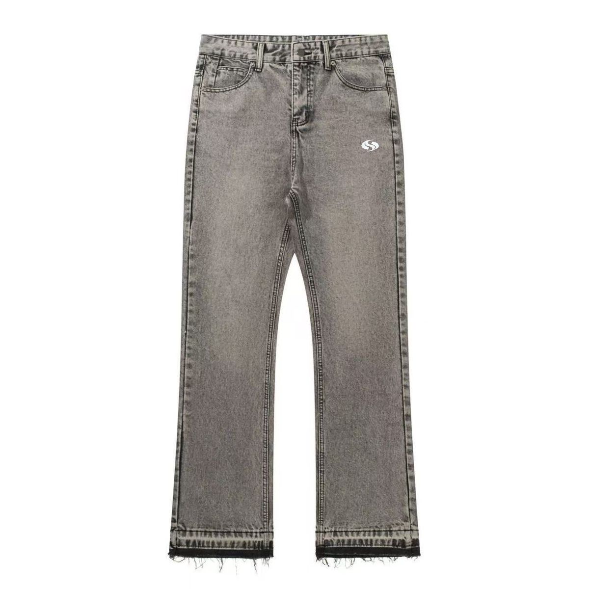 Men's Clothing Men's Washed Vintage Jeans With Tasseled Cuffs And Color Blocked Design, S Shaped Embroidered Style._mkmklike.com