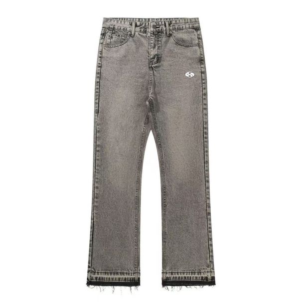 Men's Clothing Men's Washed Vintage Jeans With Tasseled Cuffs And Color Blocked Design, S Shaped Embroidered Style._mkmklike.com