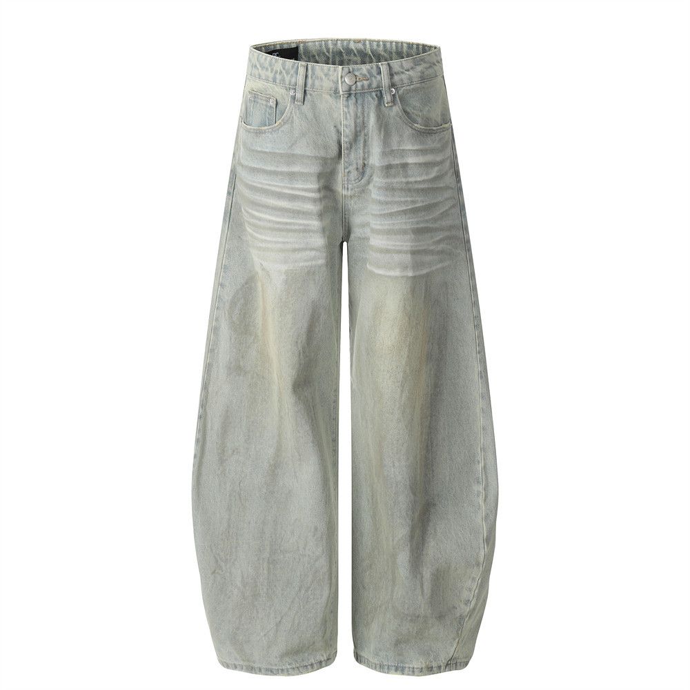 Vintage Distressed Scimitar Jeans For Men Street Style Ins Hip Hop Washed Heavy Loose Wide-Leg Long Pants_mkmklike.com