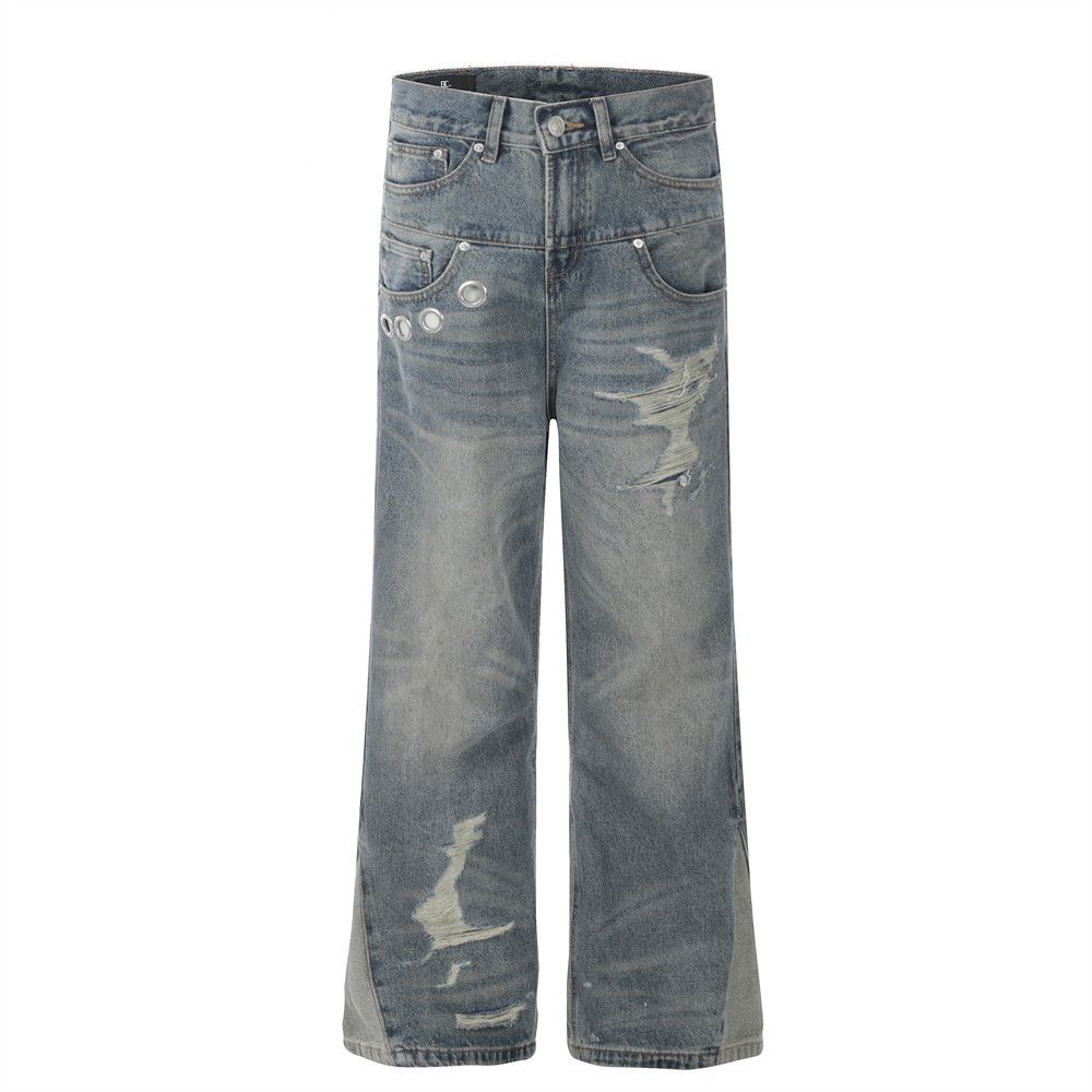 Distressed Deconstructed Patchwork Flared Jeans For Men American Street Style Hip-Hop Design Niche Wide-Leg Long Pants_mkmklike.com