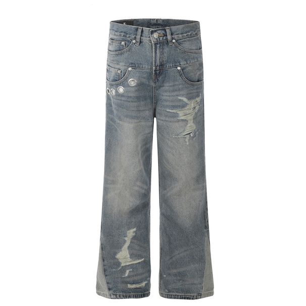 Distressed Deconstructed Patchwork Flared Jeans For Men American Street Style Hip-Hop Design Niche Wide-Leg Long Pants_mkmklike.com