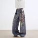 3D Three Dimensional Digital Printing Pants Chain Washed Ink Distressed Retro Wide Leg Straight Denim Trousers_mkmklike.com