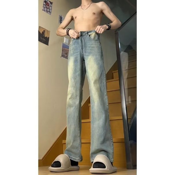 "Streetwear Men's Jeans – Distressed Washed Straight-Leg Trousers With Relaxed Fit & Slight Flare (Vintage Fade, Retro Styling, Urban Casual)"_mkmklike.com