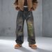 Men’s Loose Fit Straight Leg Jeans – Blue-Green Washed Graffiti Denim With Distressed Details_mkmklike.com