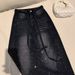 Retro High-Waisted Wide Leg Jeans Gradient Rhinestone Detail Black Gray Slimming Drawstring Loose Straight Leg Floor Length_mkmklike.com