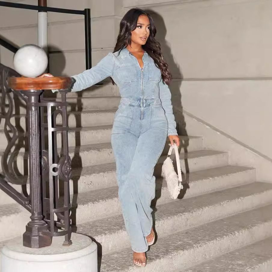 Women's Zip-Front Denim Jumpsuit | Pure & Sexy Style | Stretchy Slim-Fit Romper With Deep V-Neck_mkmklike.com