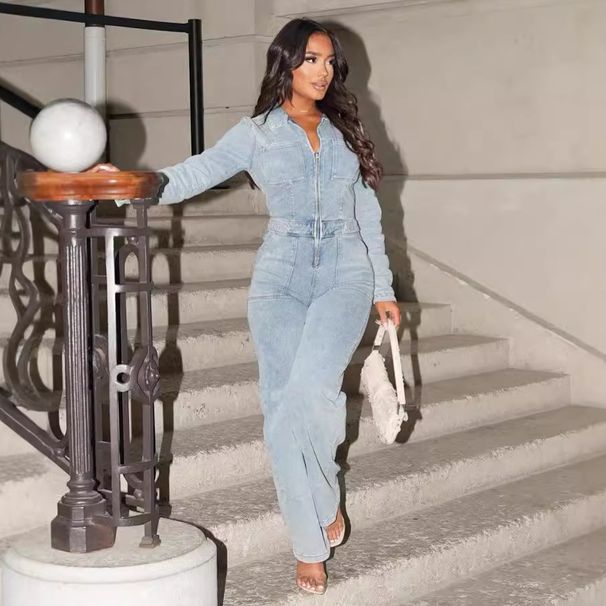 Women's Zip-Front Denim Jumpsuit | Pure & Sexy Style | Stretchy Slim-Fit Romper With Deep V-Neck_mkmklike.com