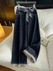 Denim Blue Roll-Up Hem Straight Leg Jeans – High-Waisted Slim Fit Wide-Leg Pants For Women | Casual & Comfortable_mkmklike.com
