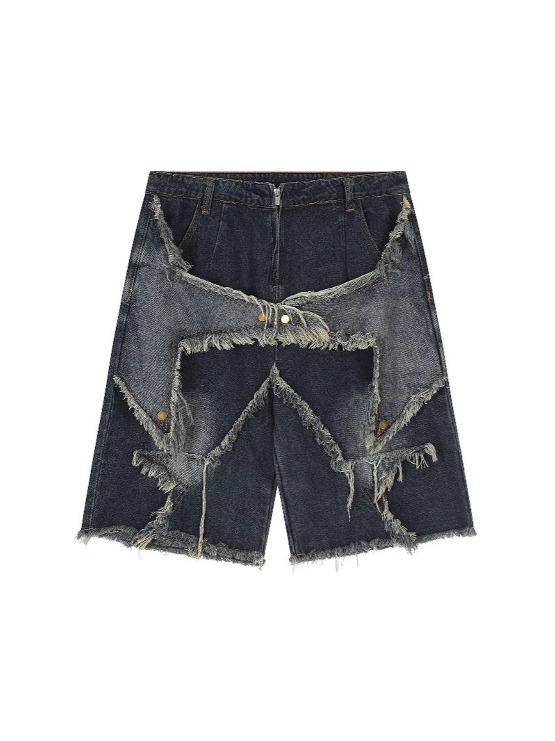 Men's Clothing Summer Shorts Stars Distressed Loose Five Point Pants Trendy Straight Jeans For Men_mkmklike.com