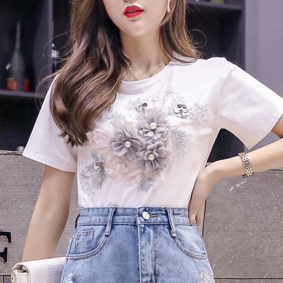 Women's clothing white t-shirt for women + heavy industry embroidered denim skirt suit wholesale hip skirt two-piece set_mkmklike.com