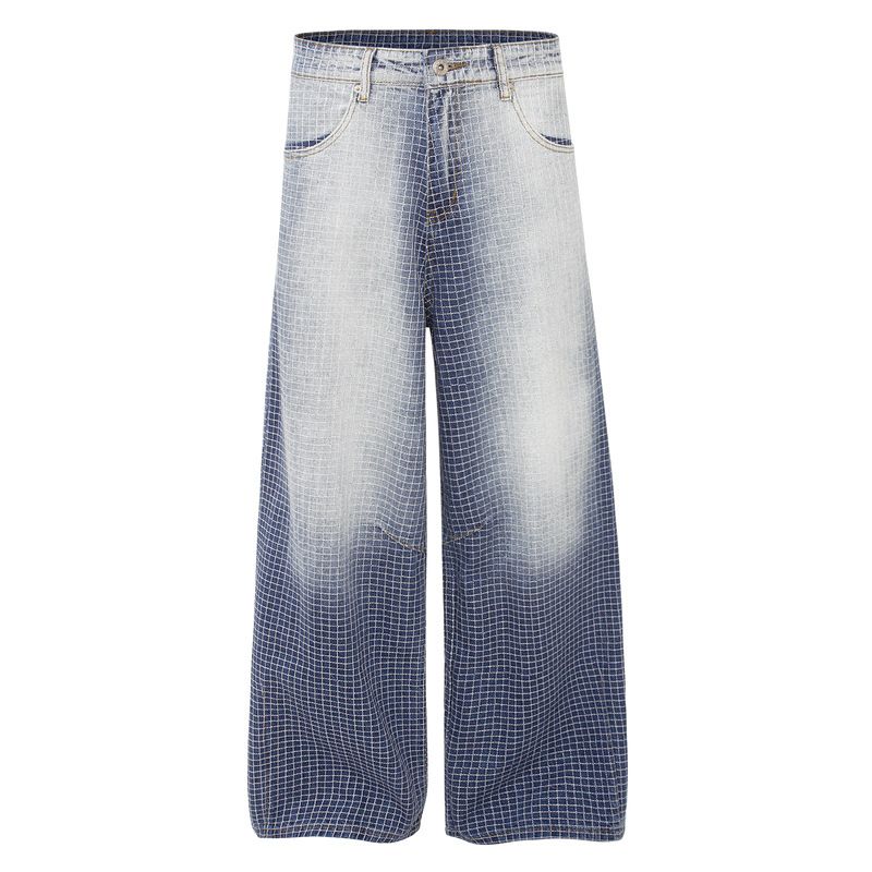 Acid-Washed Gradient Blue Jeans For Men – Vintage Warp & Weft Grid Denim, Loose Drape Straight Leg Wide Fit Pants (Blue, S-2XL)_mkmklike.com