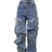 "Button-Front Relaxed Denim Pants - Decorative Stitching & Loose Fit (Blue/Light Blue/Dark Gray, S-XXL)"_mkmklike.com