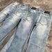 DC Retro Blue Bamboo Cotton Faded Lightning Pattern Jeans Slightly Flared Washed Distressed Cleanfit Long Pants mid Waist Loose Fit_mkmklike.com