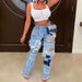 "Vintage Washed Distressed Jeans - Patchwork Loose Fit, Streetwear Denim (Light Blue, S-XXL)"_mkmklike.com