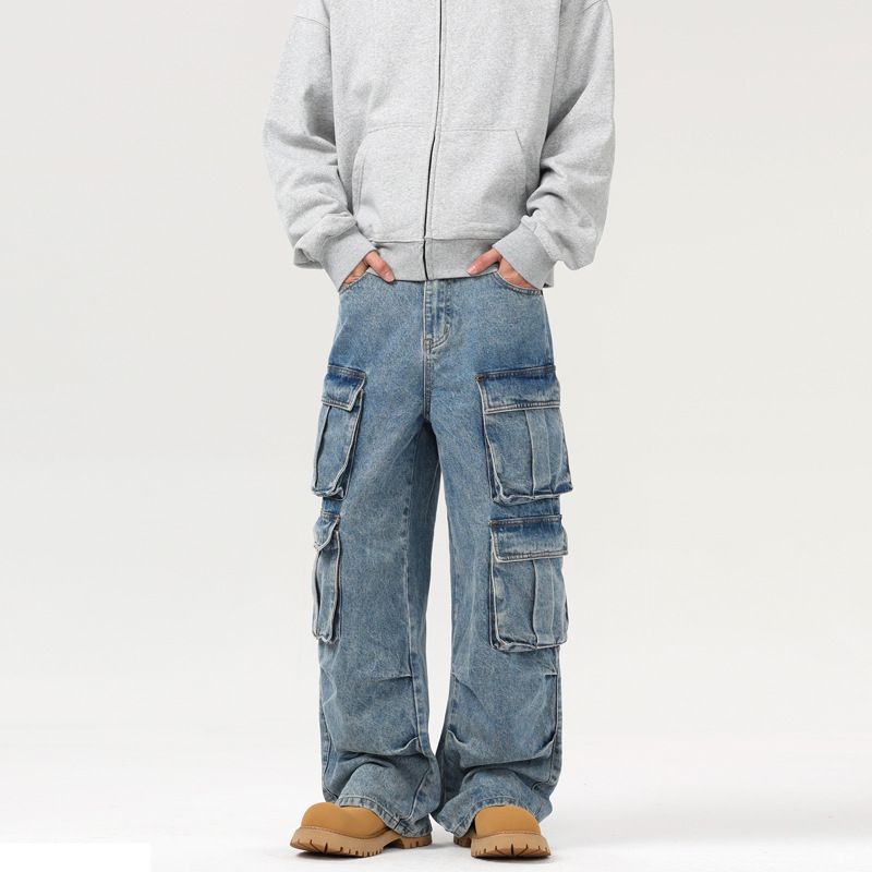 Men's American Vintage Washed Denim Cargo Pants Multi-Pocket Streetwear Straight Leg Casual Jeans_mkmklike.com