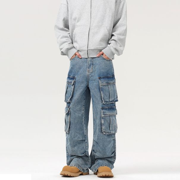 Men's American Vintage Washed Denim Cargo Pants Multi-Pocket Streetwear Straight Leg Casual Jeans_mkmklike.com