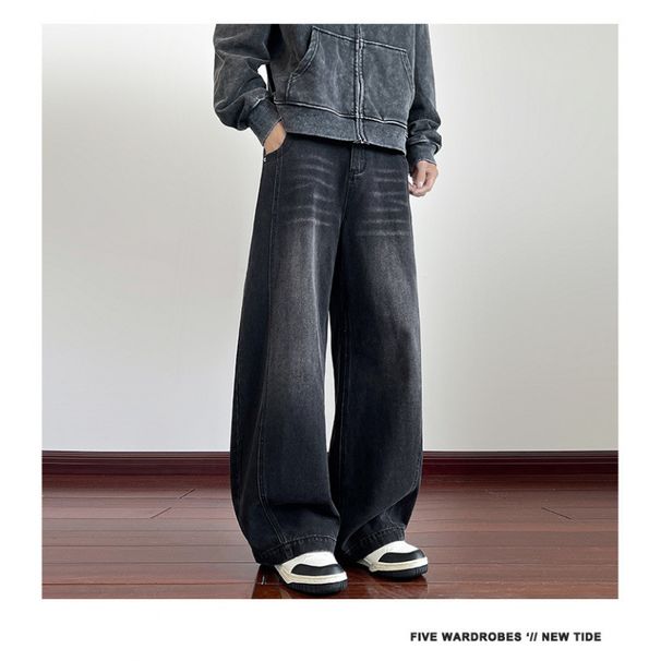 "Men's Vintage Blue American Loose Fit Jeans – High Street Washed & Distressed Straight Leg Pants For Casual & Streetwear"_mkmklike.com