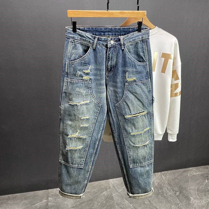 Men's Trendy Ripped Jeans Heavyweight Workwear Blue Retro High Street Straight Leg Loose Trousers mid Waist Button Fly Casual Pants_mkmklike.com