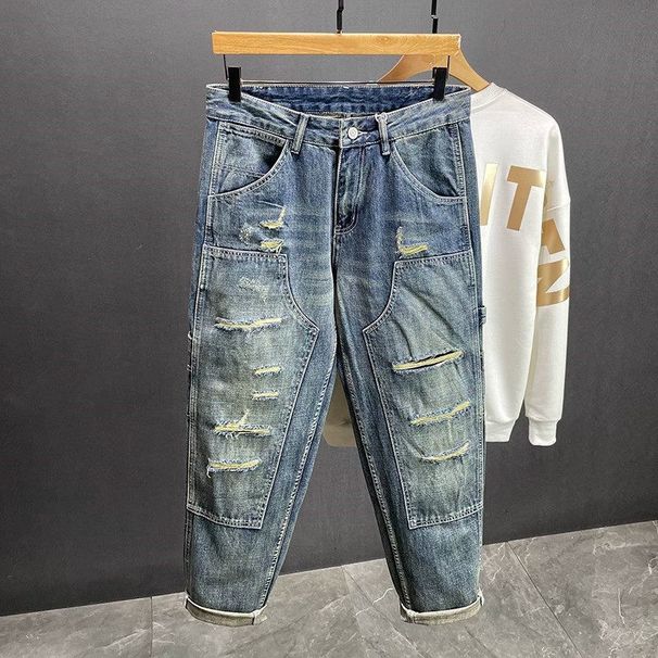 Men's Trendy Ripped Jeans Heavyweight Workwear Blue Retro High Street Straight Leg Loose Trousers mid Waist Button Fly Casual Pants_mkmklike.com