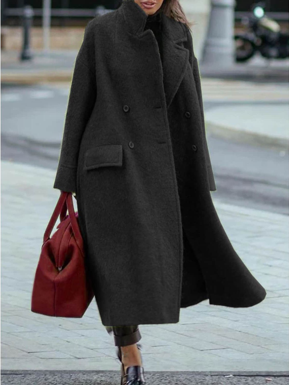 Women's solid color temperament commuting loose woolen green coat without lapels_mkmklike.com