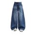 American Retro Patchwork Design Curved Hem Jeans For Women, High Street Straight Loose Slimming Wide-leg Versatile Long_mkmklike.com
