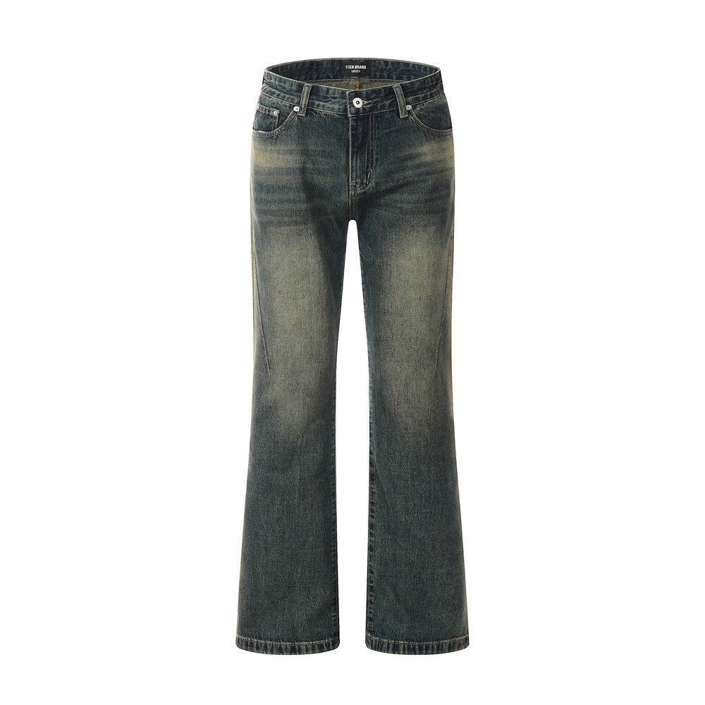 Washed Yellowing Flared Jeans Men's Vibe Trend American Style Back Pocket Design Loose Casual Wide Leg Pants_mkmklike.com
