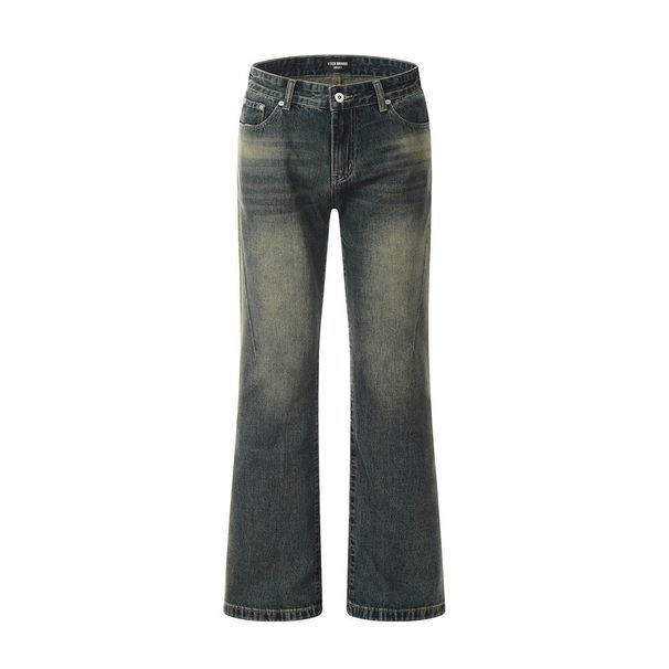 Washed Yellowing Flared Jeans Men's Vibe Trend American Style Back Pocket Design Loose Casual Wide Leg Pants_mkmklike.com