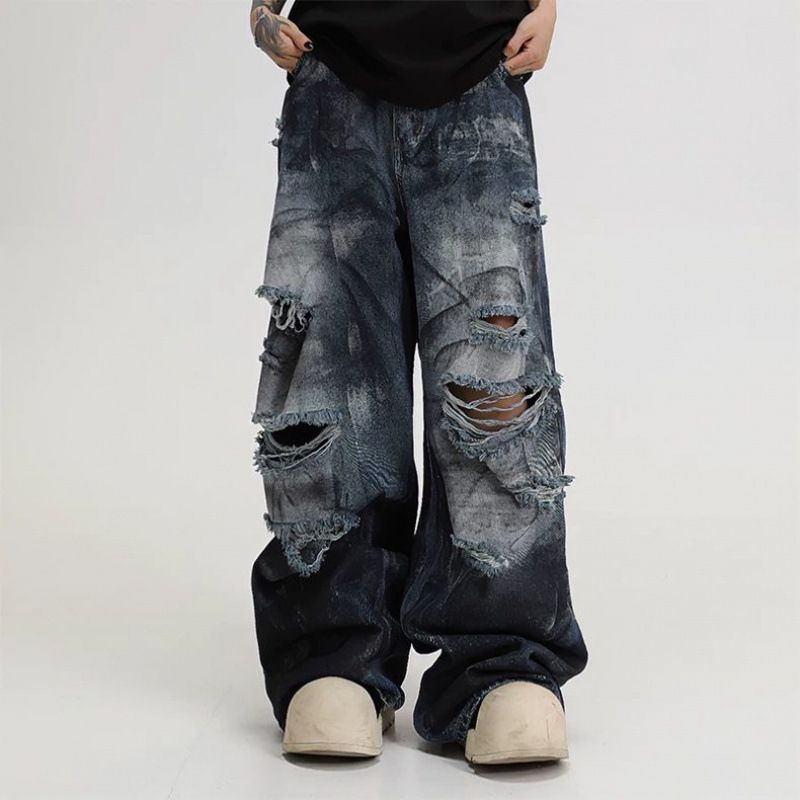 High Street Inkjet Hole Jeans For Men And Women Summer 2025 New Heavy Washed Handsome Street Wide Leg Pants_mkmklike.com