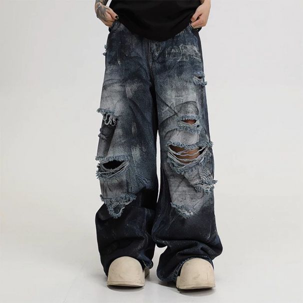 High Street Inkjet Hole Jeans For Men And Women Summer 2025 New Heavy Washed Handsome Street Wide Leg Pants_mkmklike.com